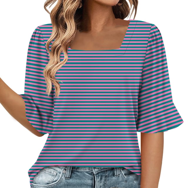 Blusas de Manga Corta para las Mujeres, Moda Verano Impreso, Blusas de Cuello Redondo, Chaqueta de Manga Corta para las Mujeres