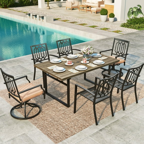 MF Studio 7-Piece Outdoor Patio Dining Set with Swivel Chairs & Faux Wood Table, Steel Frame, Black