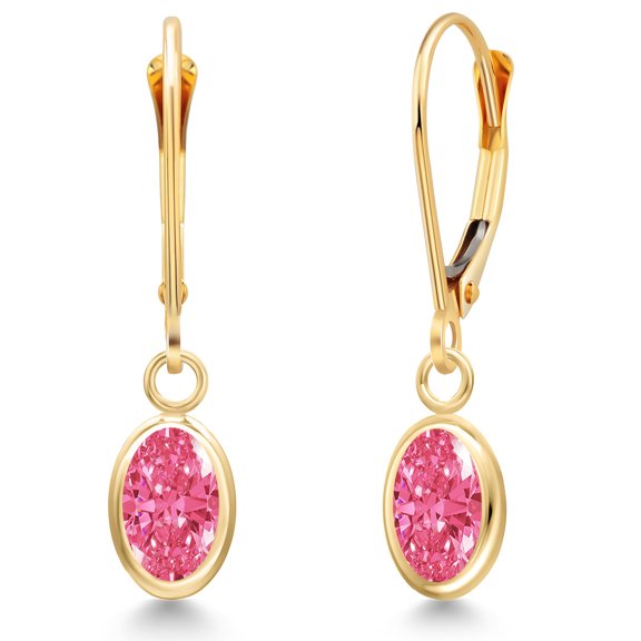 Gem Stone King 14K Yellow Gold Fancy Pink Zirconia Dangle Earrings for Women | 1.52 Cttw | Gemstone Birthstone | Oval 7X5MM