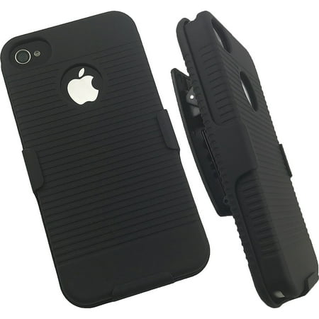 iPhone 4/4s Case with Clip, Nakedcellphone Black Ribbed Cover with [Rotating/Ratchet] Belt Hip Holster Combo for Apple iPhone 4, iPhone