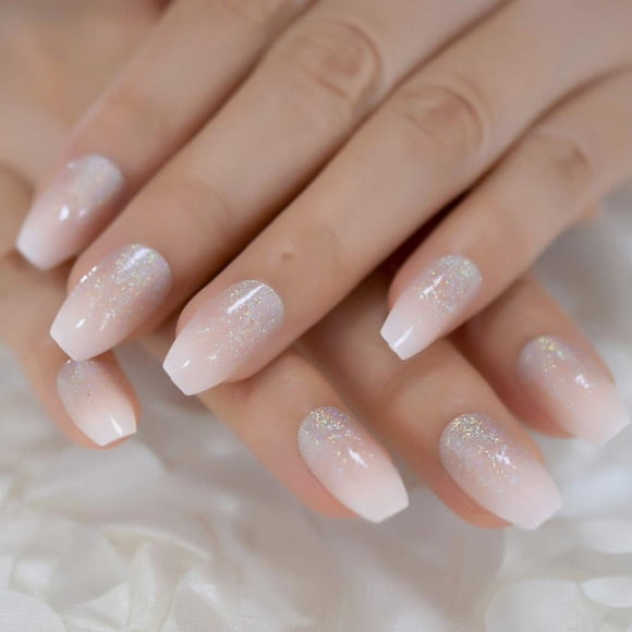 Coolnail Holo Glitter Rosa Desnudo Bailarina Francesa Ataúd Uñas postizas Degradado Prensa natural en uñas postizas Consejos Uso diario de los dedos en la oficina