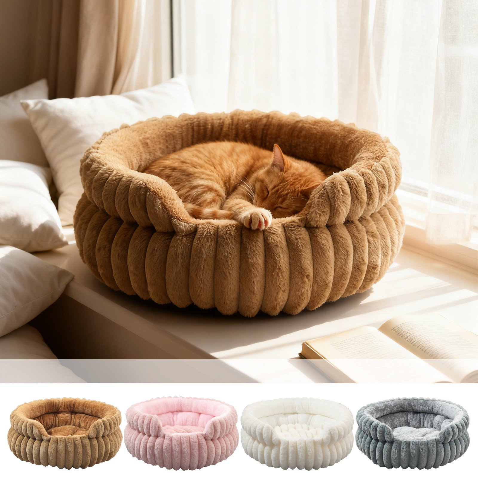 EBCUE Round Fluffy Winter Plush Pet Bed, Non‑Slip Base Detachable Washable Cushion, Calming Joint‑Friendly Nest for Cats Small Dogs Indoor Rest
