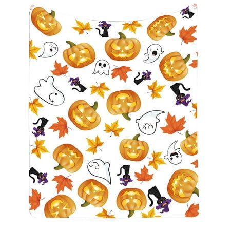 

HAXIHA Halloween Pumpkin GhostSkull Bat BlackCat Printed Flannel Cover Blanket（200*150 Cm/79*59 In）