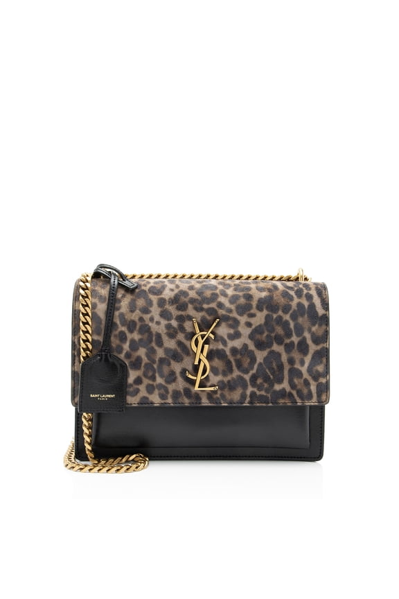 Pre-Owned Saint Laurent Leopard Printed Suede Monogram Sunset Medium Shoulder Bag