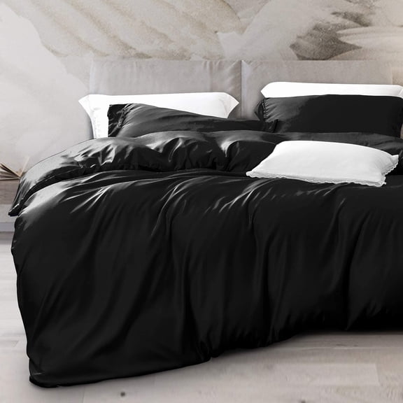 3 Pieces Satin Twin Duvet Cover Set, Ultra Luxury and Soft with Hidden Zipper Design Comforter Cover Set, Black