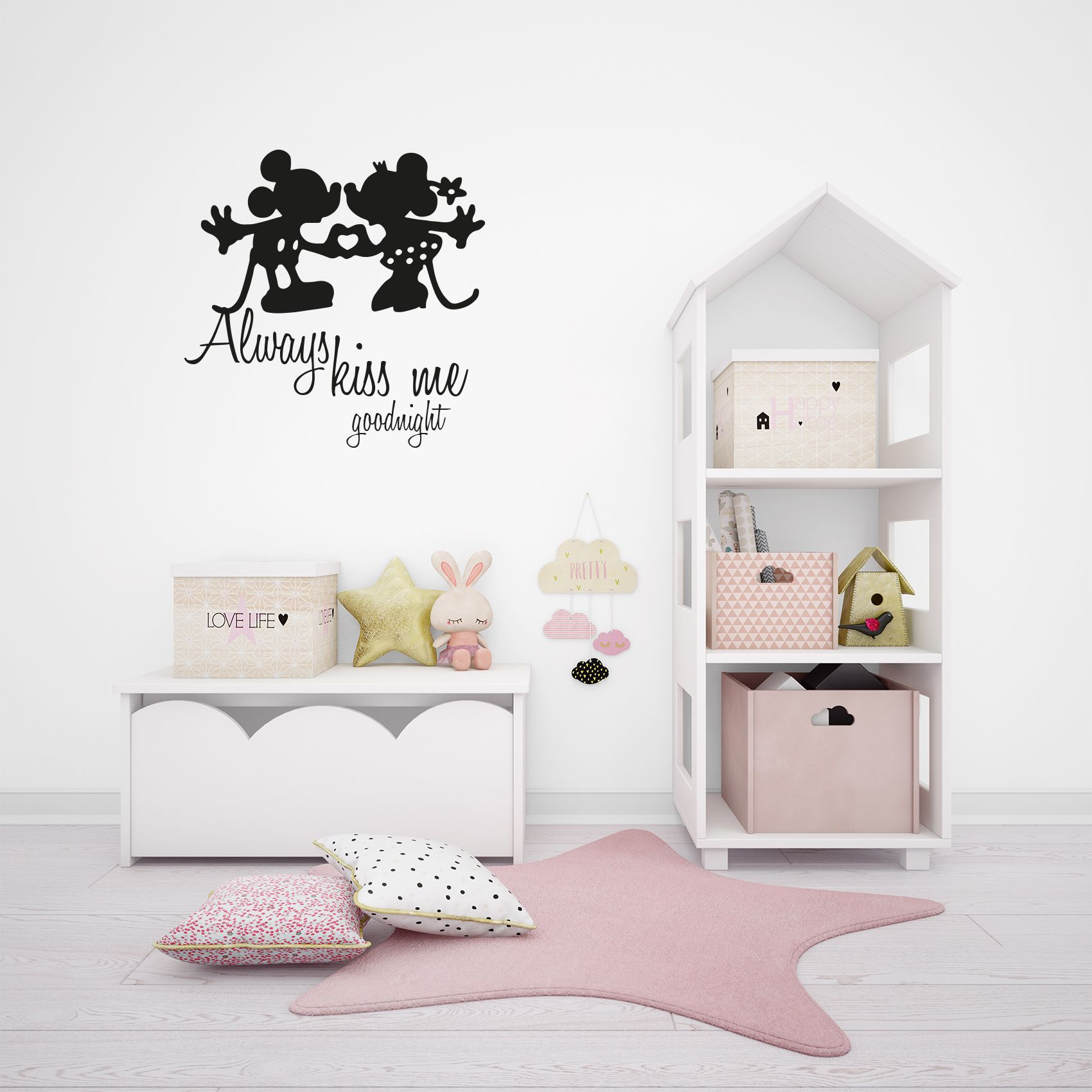 Always Kiss Me Goodnight - Mickey Mouse And Minnie Mouse Cute Sweet Heart Silhouette Vinyl Wall Art Wall Decal Wall Sticker Home Decoration Design Kids Girls Room Wall Décor Size (20x20 inch)