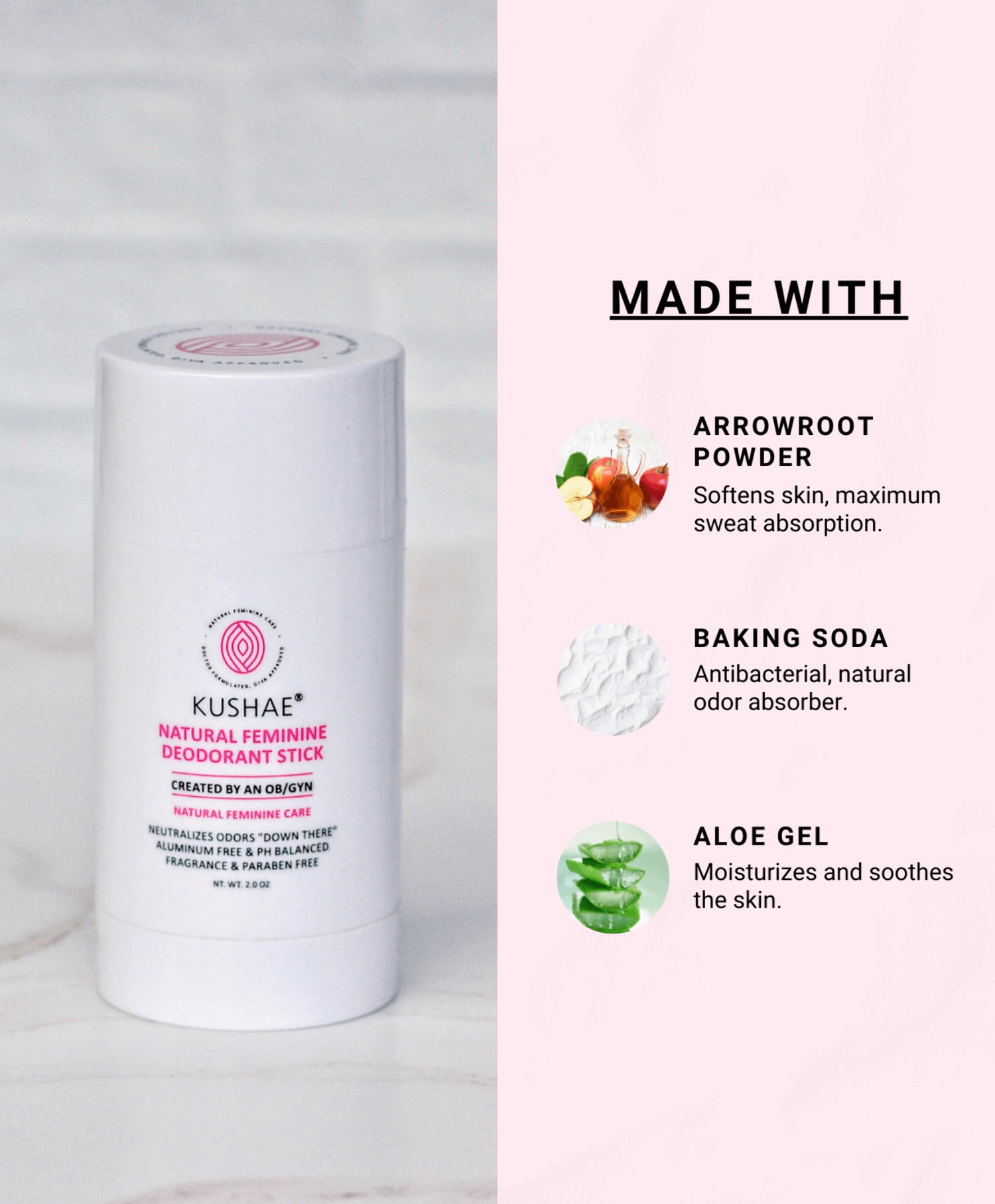 Kushae Natural Feminine Deodorant Stick, 2 Pack