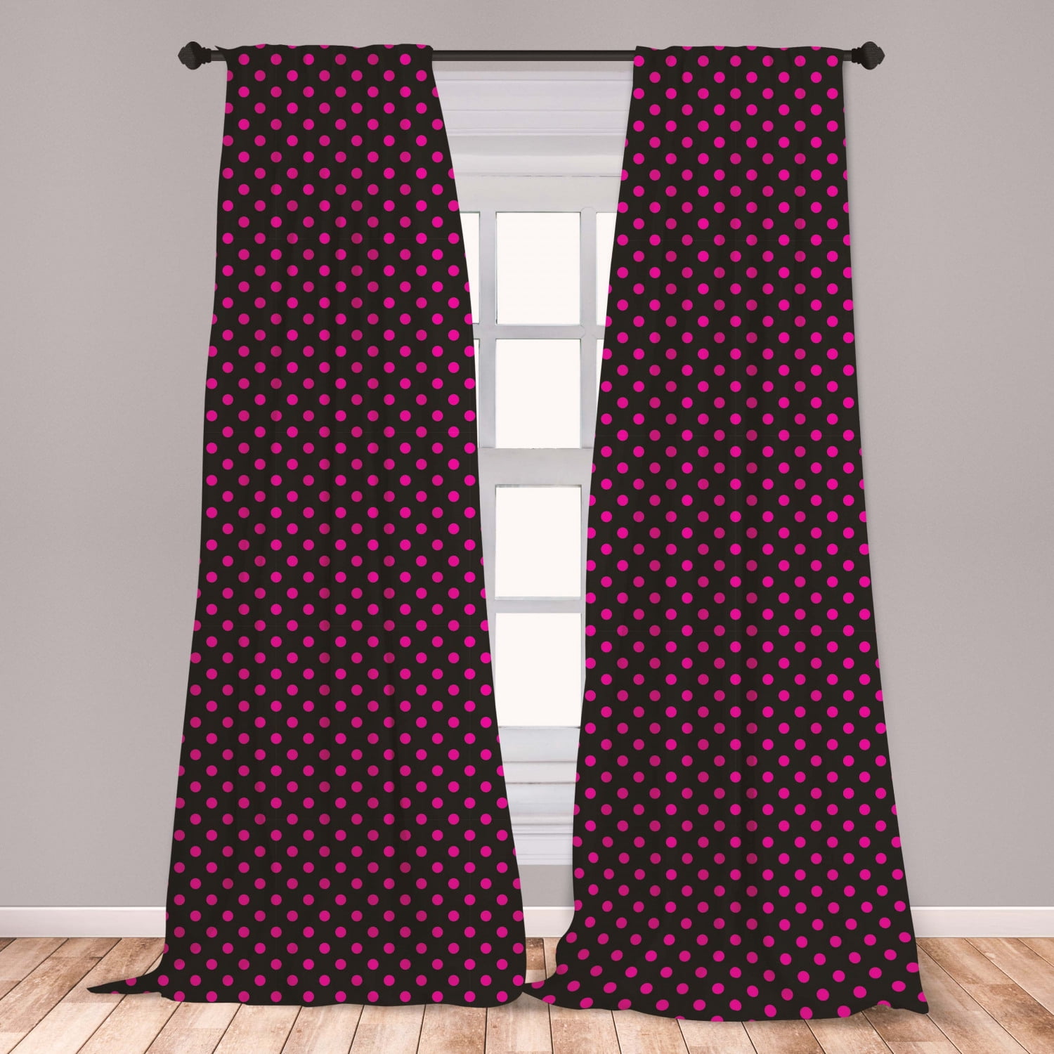 Hot Pink Curtains 2 Panels Set, Old Fashioned Polka Dots Symmetrical