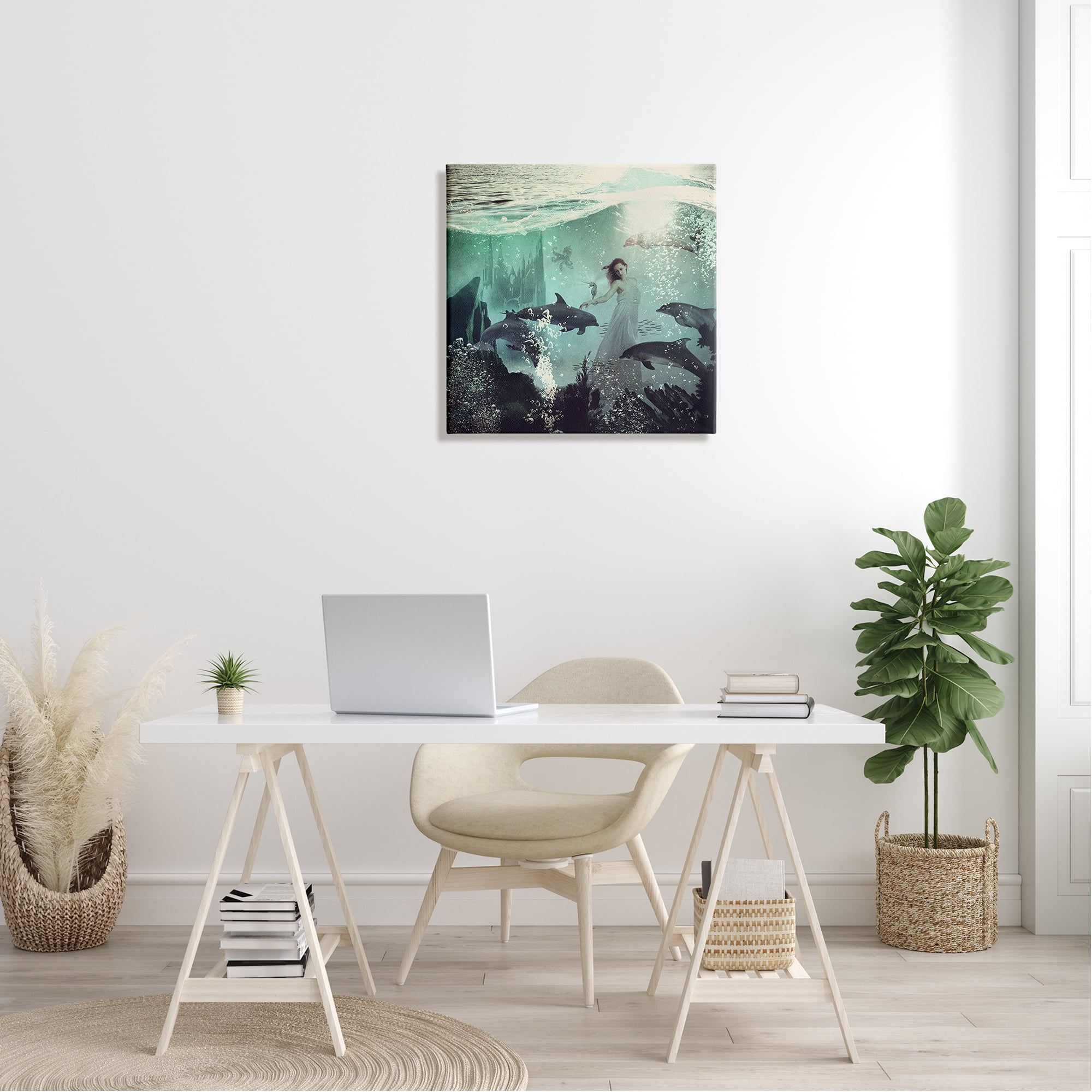 Surreal Woman Underwater Dolphins Splashing Bubbles Animals & Insects Graphic Art Gallery-Wrapped Canvas Print Wall Art