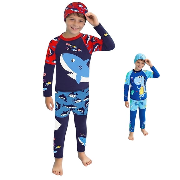 Asxite Boys Printed Swim Trunks Set with Swim Cap Nice Style for Age 3-10Y 2 Piece