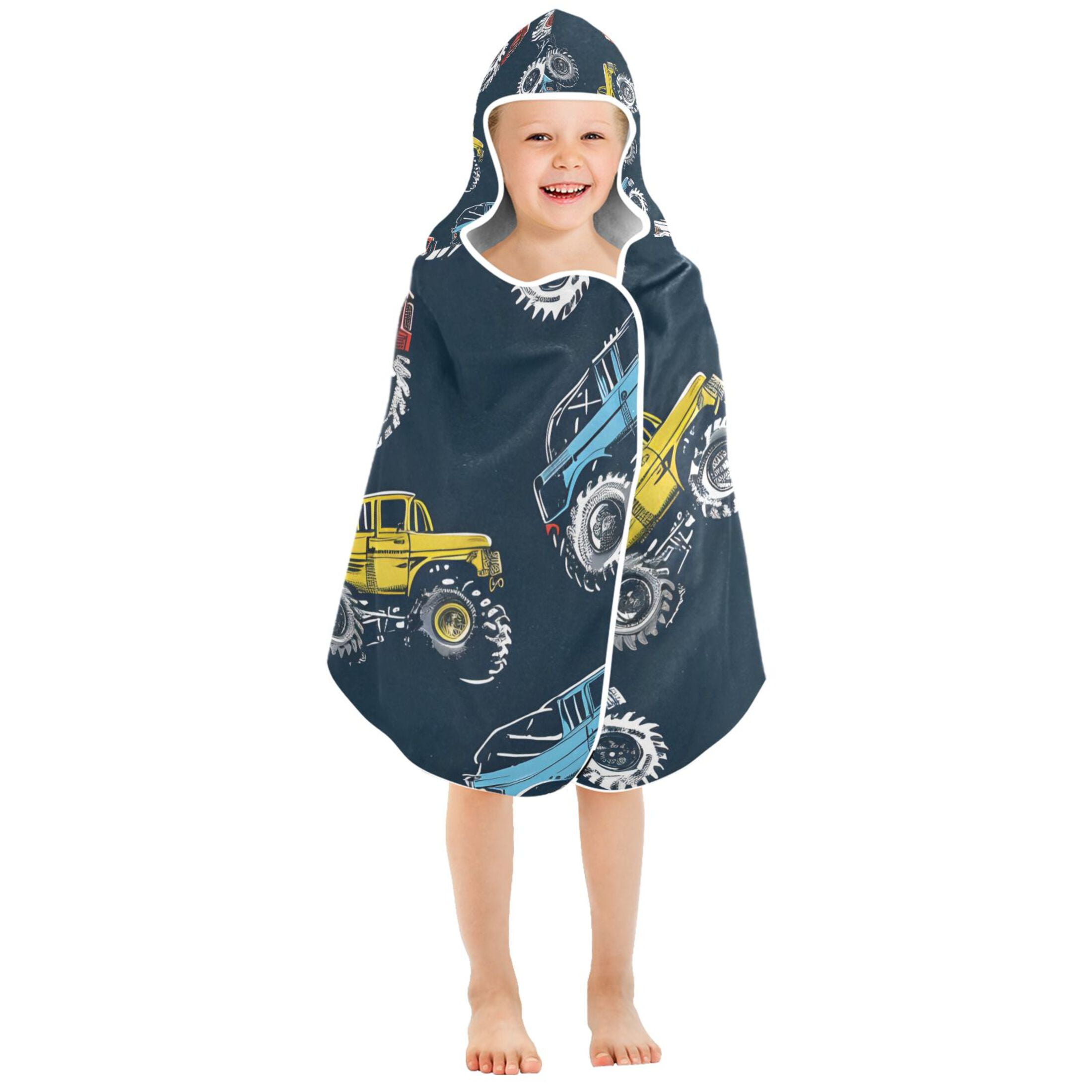 Cartoon Monster Trucks Comic Kids Hooded Beach Towel Baby Bath Poncho Towels with Hood Absorbent 50"x23.5" for Pool Swimming