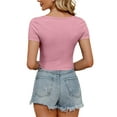 thumbnail image 6 of Arvbitana Women Solid Color Crop Tops U-Neck Short Sleeve Knitted T-Shirts Tops Summer Slim Fit Exposed Navel Shirts Streetwear, 6 of 7