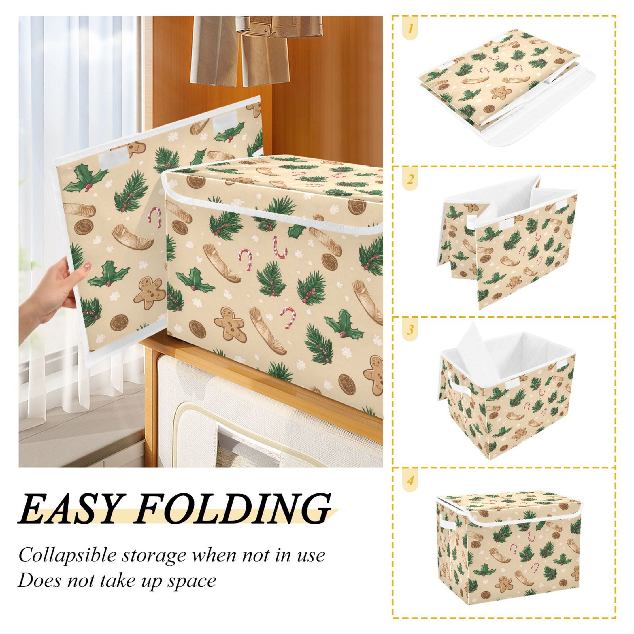 IAUYY 42*32*30cm Storage Bin with Lid Storage Boxes with Handles,300D Oxford Fabric+Hollow Board Applicable to Clothes Storage Office Storage,Bright Beige Color