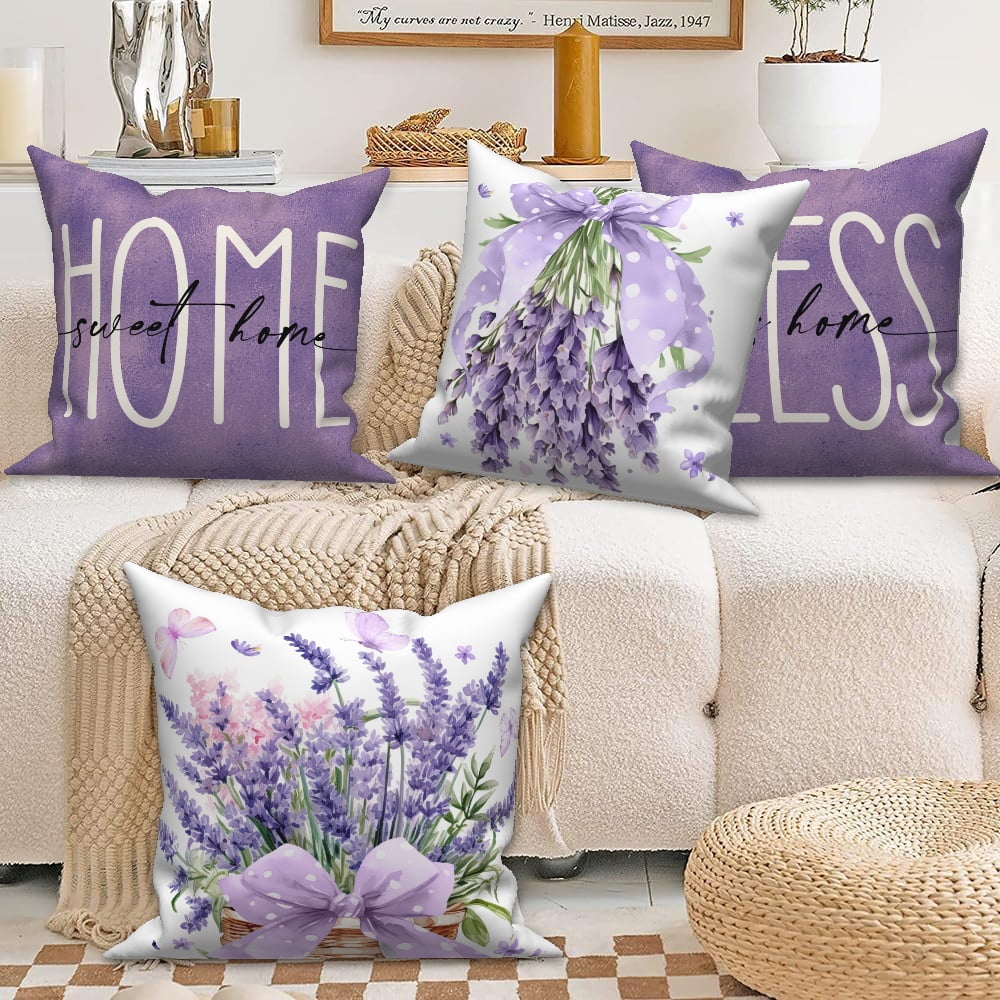 Purple Lavender Throw Pillow Covers 20x20 Set of 4,Spring Summer Floral Decorative Pillow Cases for Bedroom Sofa Couch