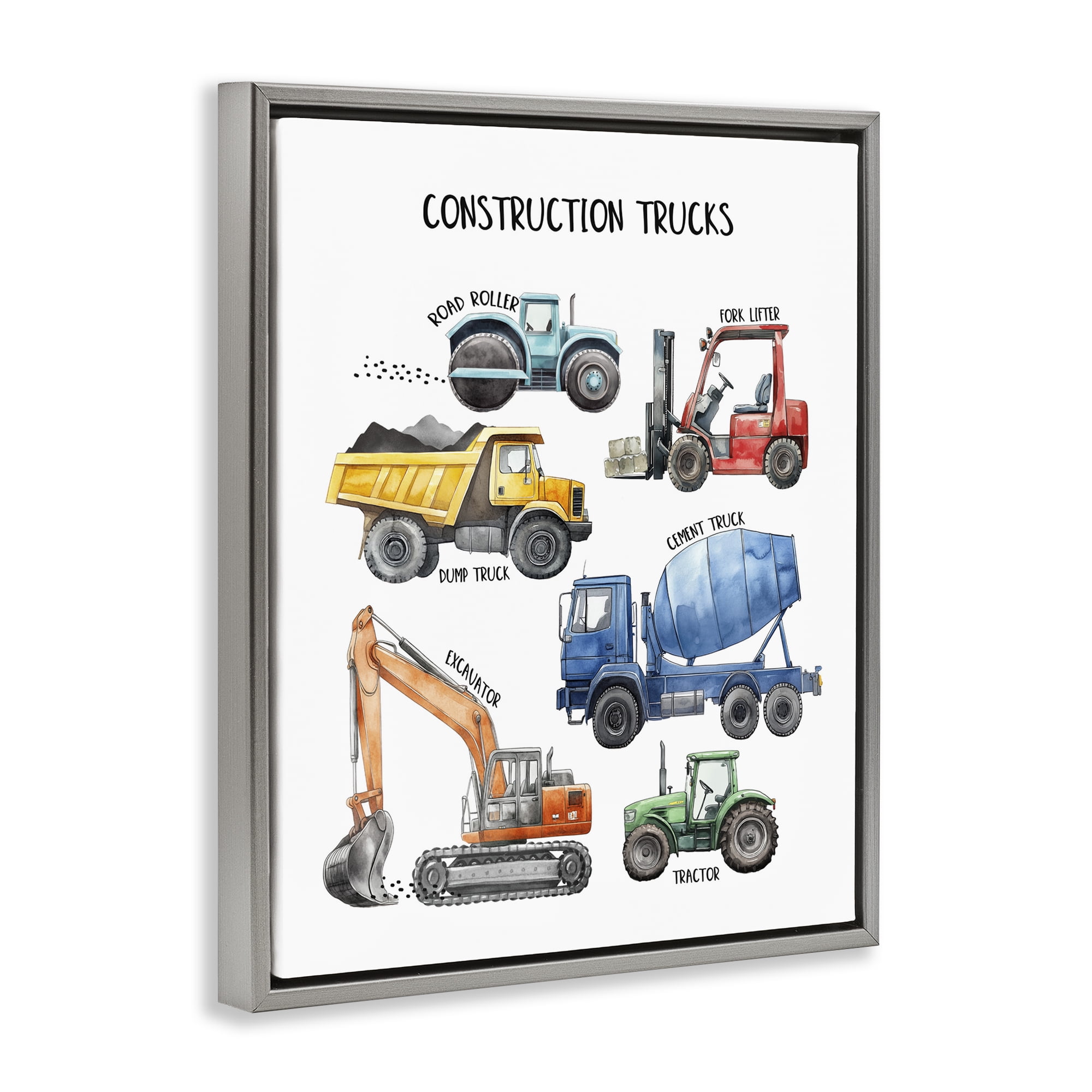 Construction Trucks Machinery Gray Framed Floater Canvas Wall Art, design by Christine Simpson Art