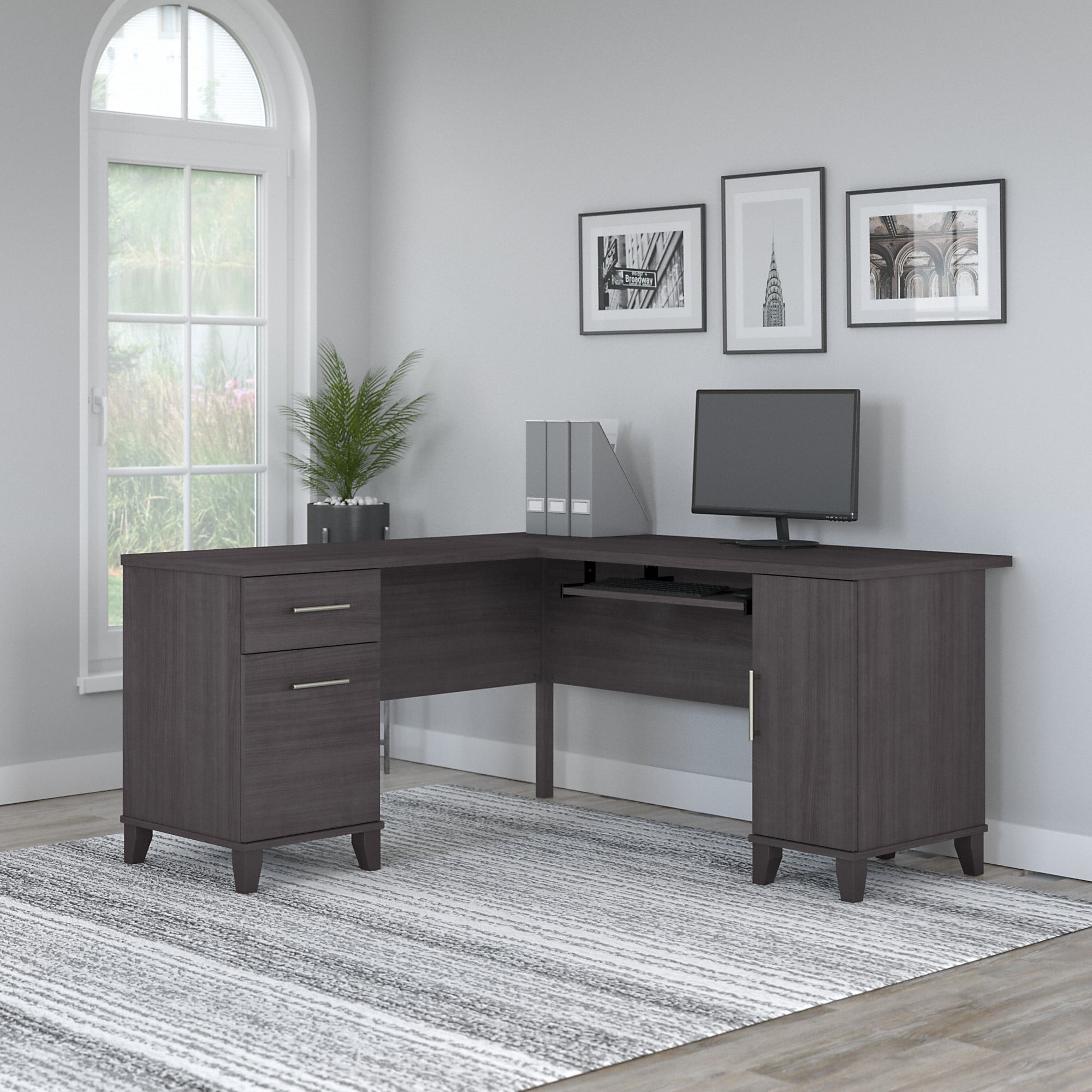 Bush Furniture Somerset 60" L Shaped Desk with Storage, Storm Gray