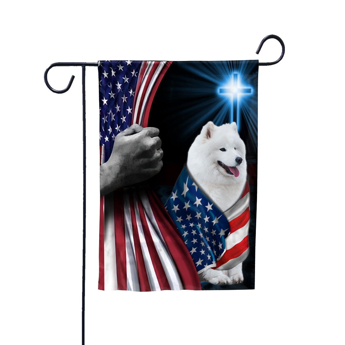 Hand Pulling USA Flag Samoyed Dog Wearing Flag American Standing under Cross Christian Patriotic House Flag (3x5) Double Sided- Premium Polyester-Decorative Indoor Outdoor Flag