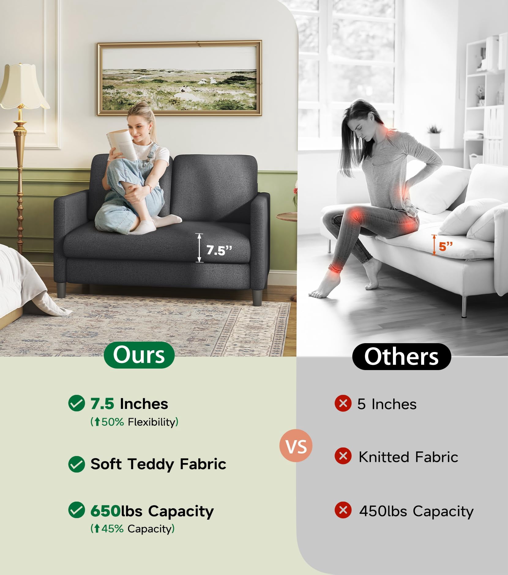 Welzona 51" Teddy Fabric Loveseat Sofa, Small 2-Seater Couch for Small Spaces, Tool-Free Assembly, Grey