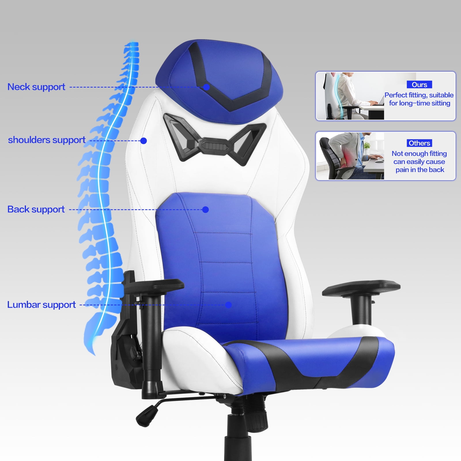 Ergonomic Gaming Chairs for Adults with High-Density Memory Foam | Swivel Comfortable Office Chair, Big and Tall Video Game Chair, High Back Computer Chair for Home, Office, Blue White