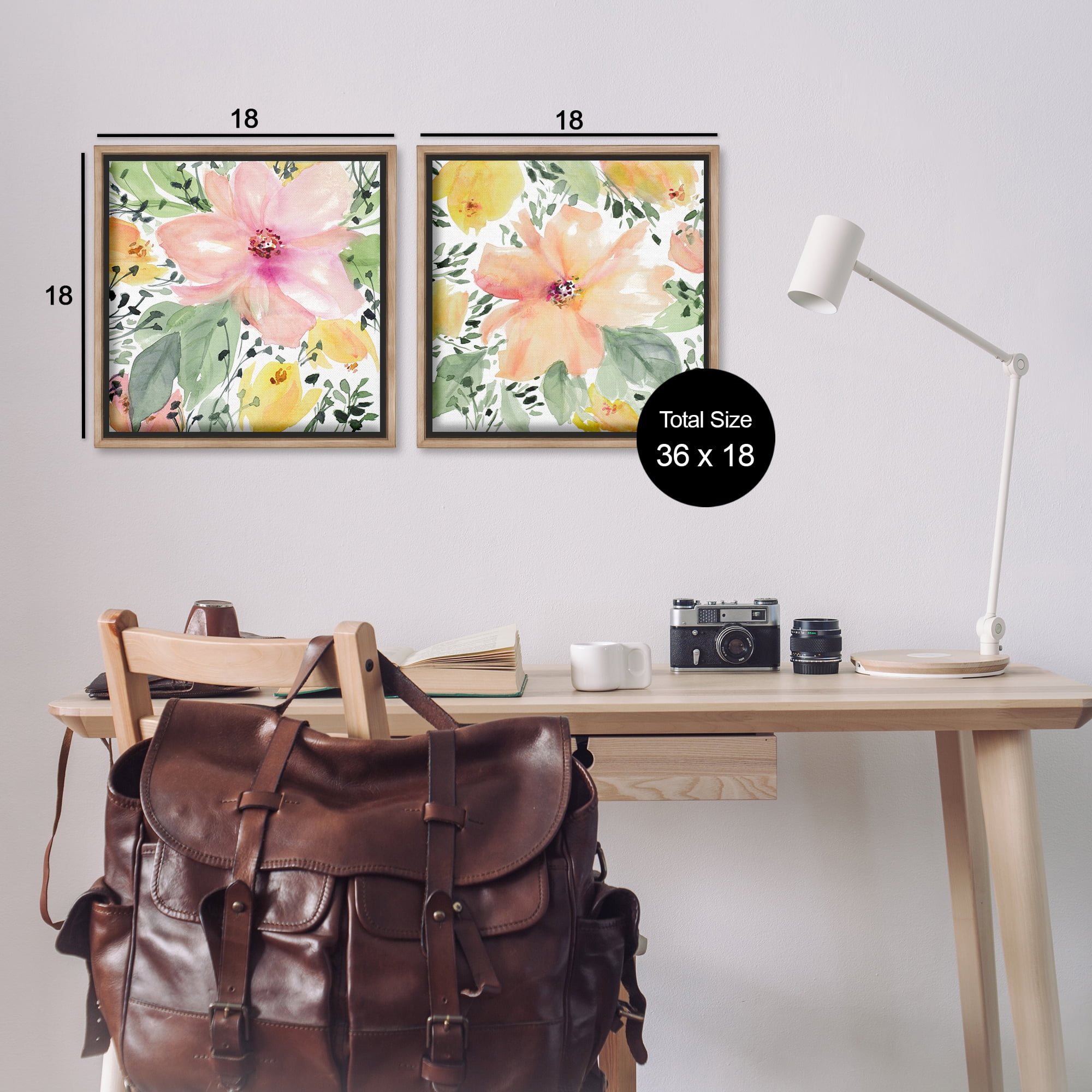Stupell Industries Large Pink and Coral Bloom Plants & Flowers Painting Brown Floater Framed Canvas Art Print Wall Art, 18 x 18, Set of 2