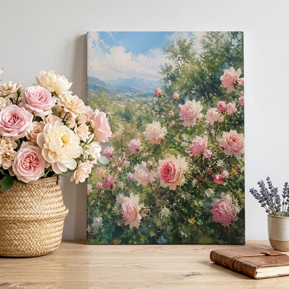 Canvas Wall Art Pink Rose Bush Canvas Art Print Summer Romantic Lush Meadow Path Oil Painting Style Pictures Wall Decor for Living Room Artwork Decorations Stretched Framed Ready to Hang 8"x10"