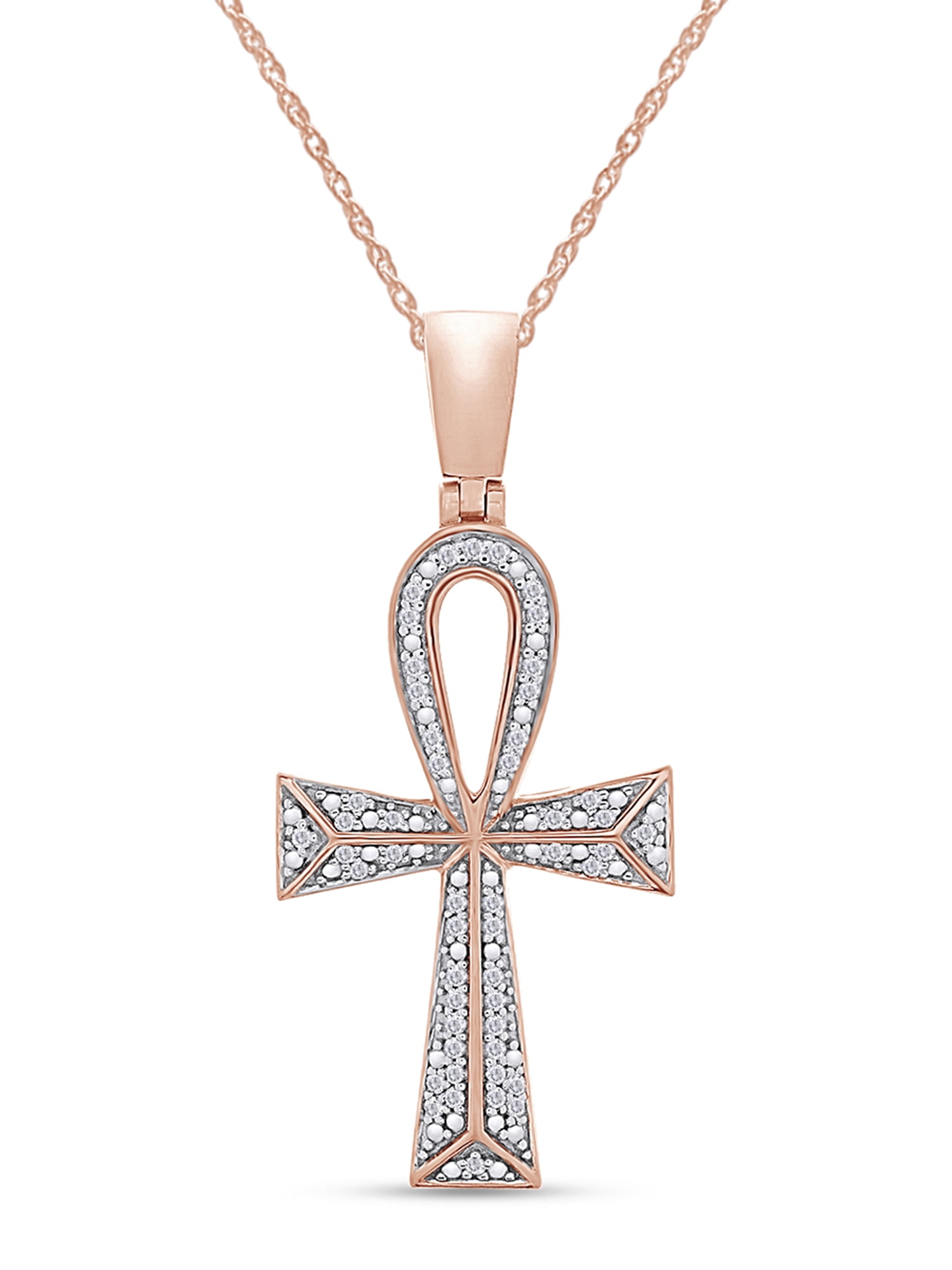1 4 Carat Round Cut White Natural Diamond Ankh Cross Pendant Necklace For Men Women In 14K Gold Over Sterling Silver 0.25 Cttw I2 I3 Clarity