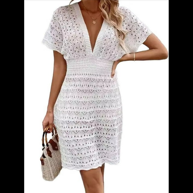 Vestido de Crochet para Mujer, de Corta y Cuello en V, Ideal para Verano. M