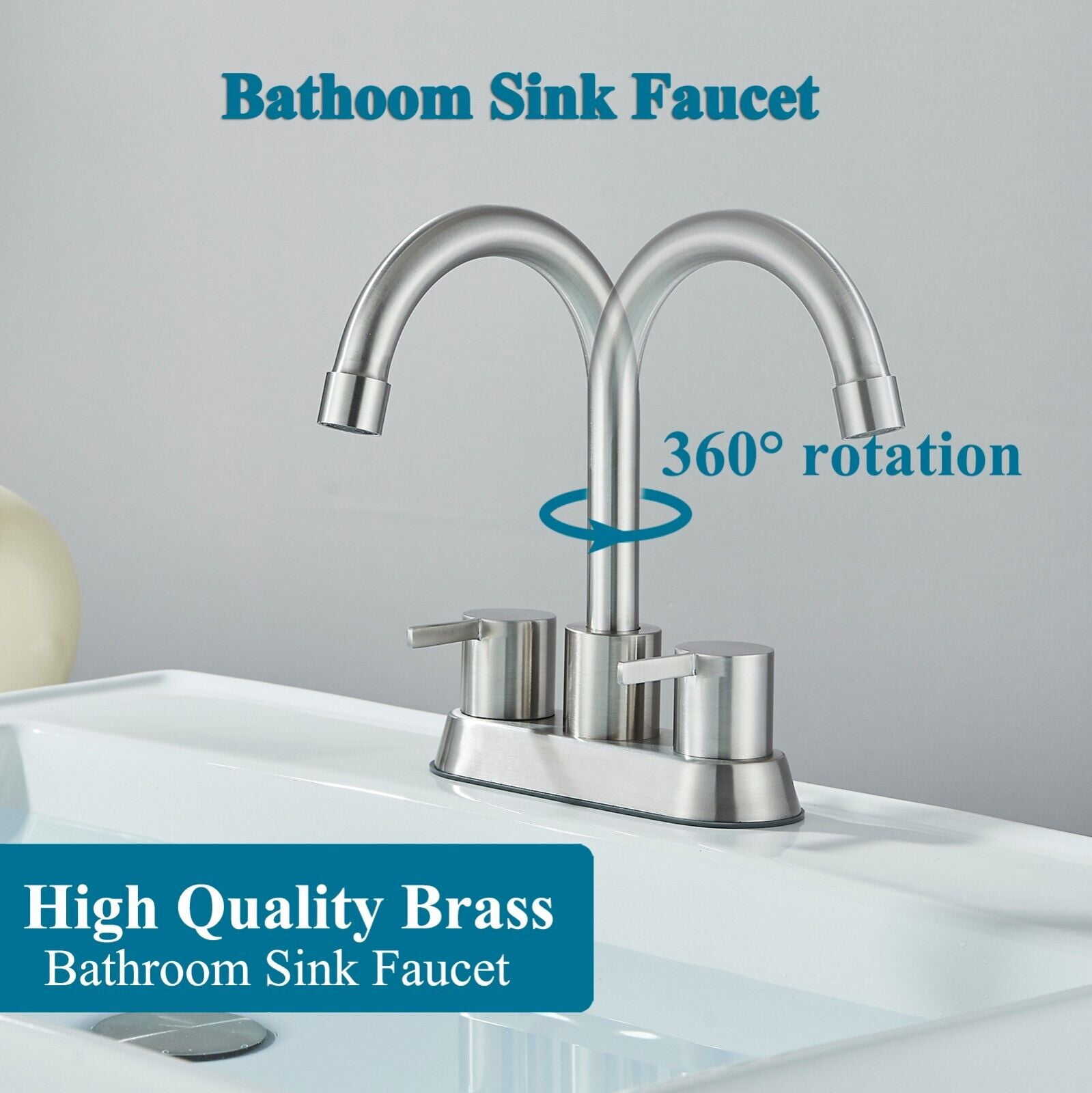 Zovajonia 4 Inch 2 Handle Centerset Brushed Nickel Lead-Free Modern Bathroom Faucet , 360 Swivel Spout 2-3 Hole RV Bathroom Vanity Sink Faucet with Pop Up Drain and Water Supply Lines