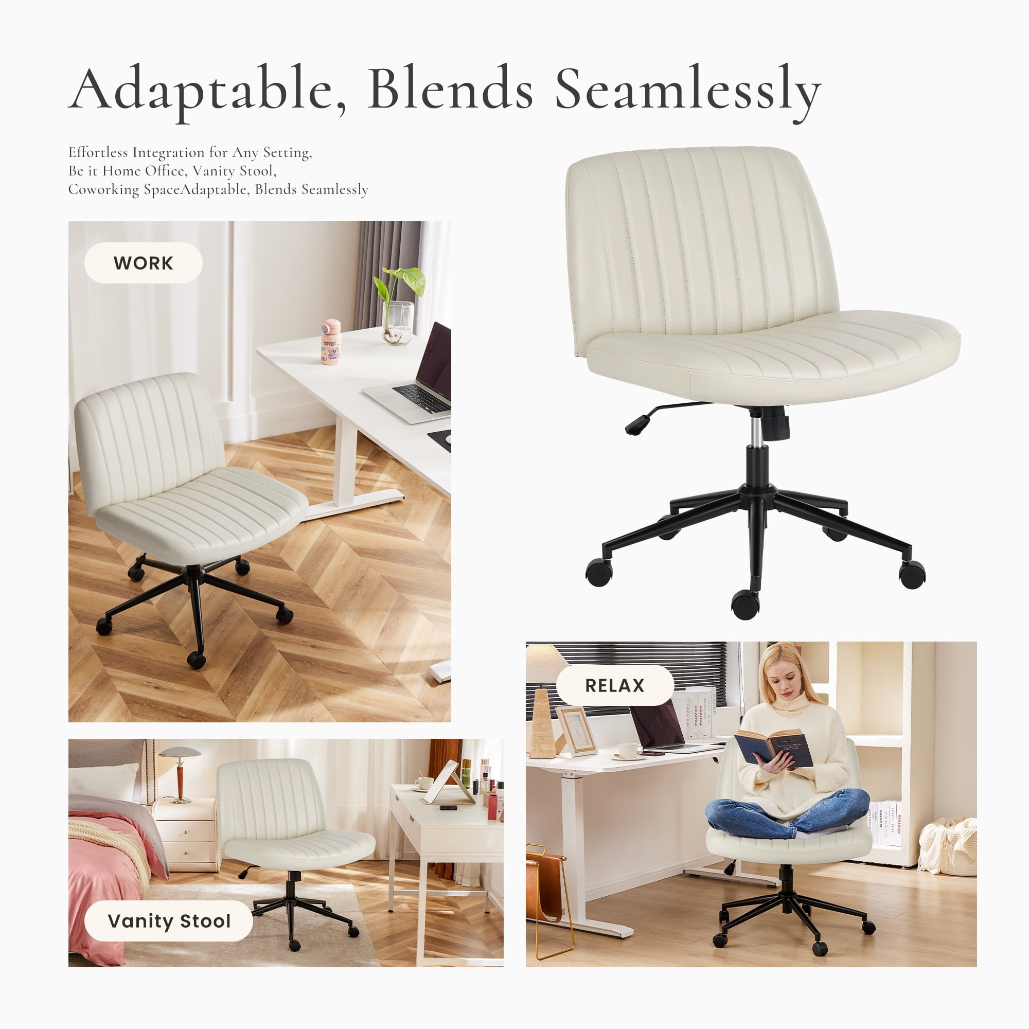 Armless Criss Cross Legged Office Chair, Desk Chair With Wheels, PU Leather, Beige