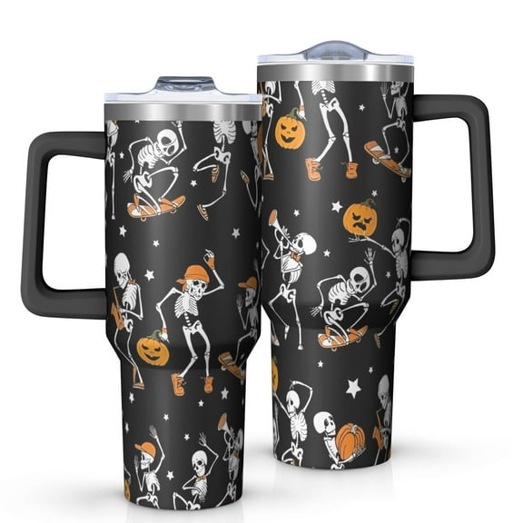 Black Halloween Dancing Skeletons Tumbler with Handle and Lid,40oz Double Wall Vacuum Insulated Tumbler,Cups Gift for Women and Men