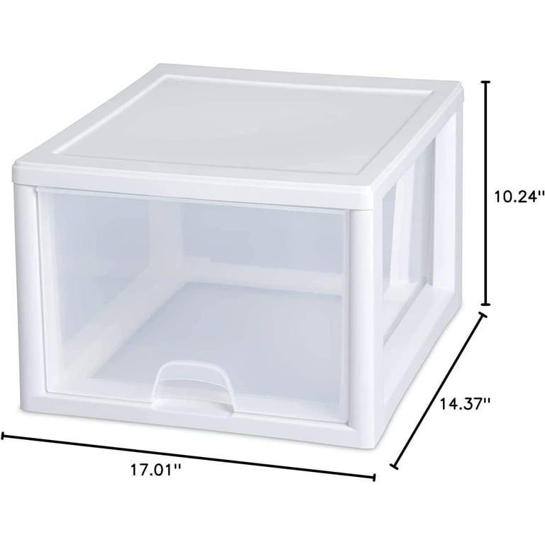 Sterilite 27 Quart Clear & White Plastic Storage Bin with One Drawer, 16 Pack