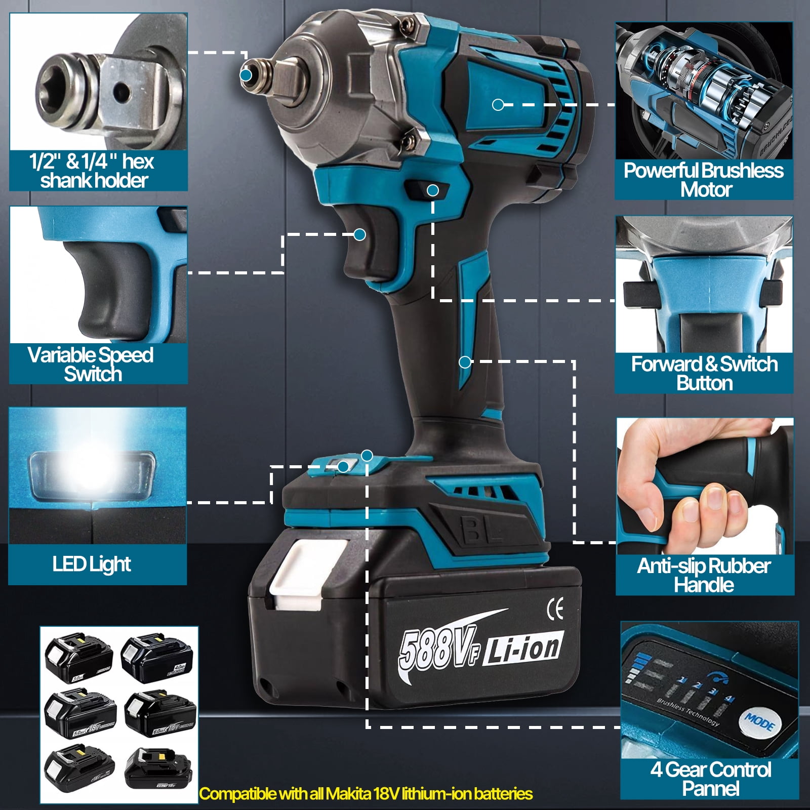 iMeshbean 21V Cordless Impact Wrench 1/2" 1200Nm High Torque Brushless Drill w/ 2 Battery