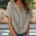 thumbnail image 2 of Linen T-Shirt for Women Short Sleeve V-Neck Button Half-Open Tops Summer Solid Color Casual Tees, 2 of 8