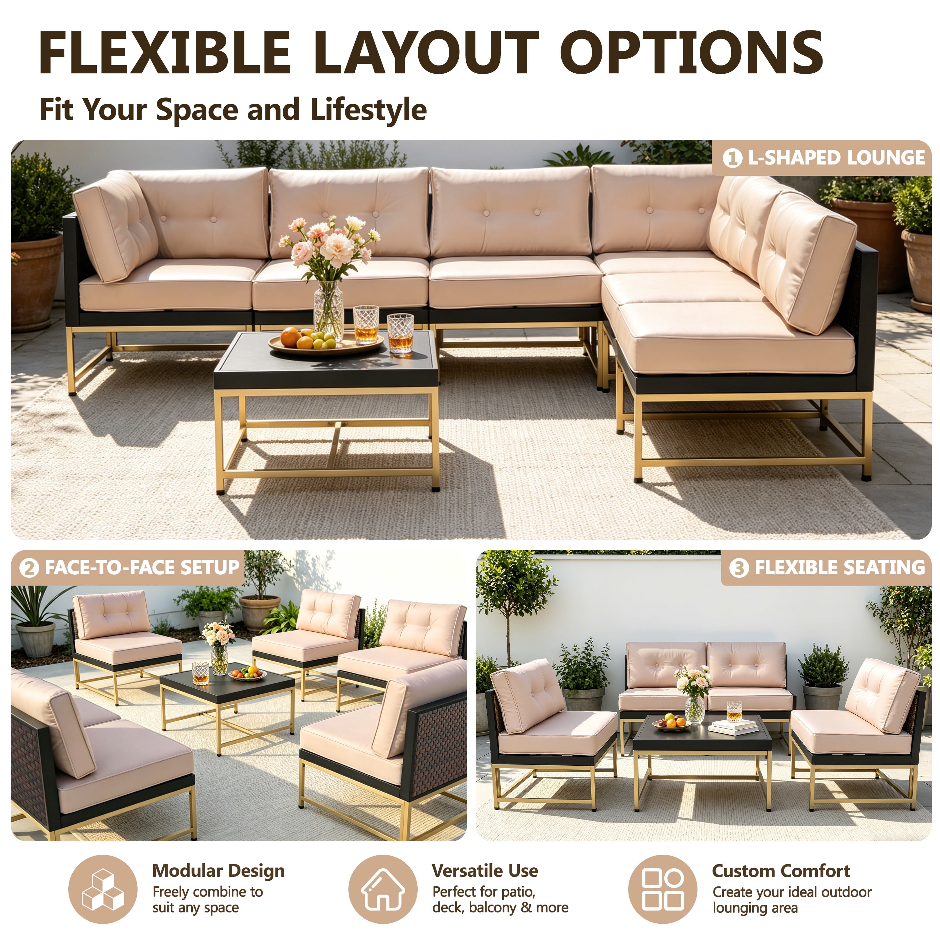 Patio Outdoor Furniture Sets, 7 Pieces All-Weather Rattan Sectional Sofa with Tea Table and Cushions, PE Rattan Wicker Sofa Couch Conversation Set for Garden Backyard Poolside