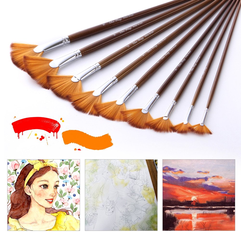 9 PCS Fan Paint Brush Set Soft Nylon Hair Paintbrush for Watercolor Oil
