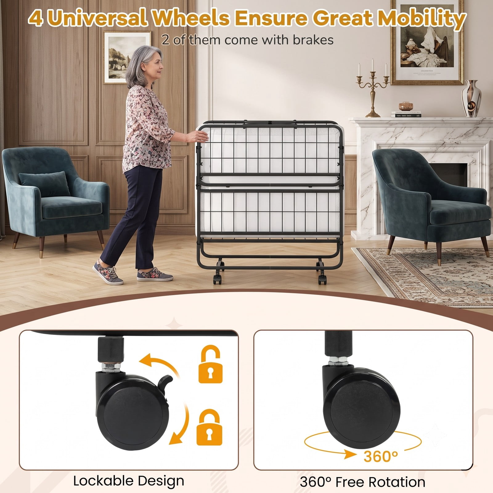 Furnibear Twin Size Folding Bed with 5 Inch Foam Mattress and Wheels for Guest Room and Apartment with Space Saving Design, Black