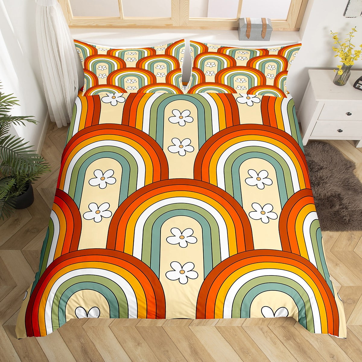 Boho Rainbow Duvet Cover Twin Retro 60S 70S Groovy Power Floral Bedding