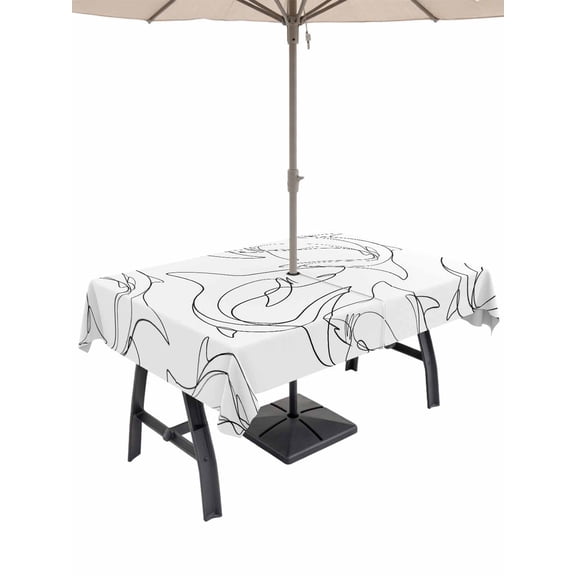 Outdoor Tablecloth with Umbrella Hole for Patio/Picnic/Party/Camping, Black White Shark Waterproof Table Cloth Rectangle Table Cover Washable, Modern Line Abstract Art (60"x 84")