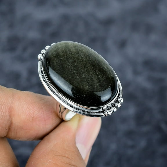 Silversheen Obsidian Gemstone Handmade 925 Sterling Silver Ring Size 9