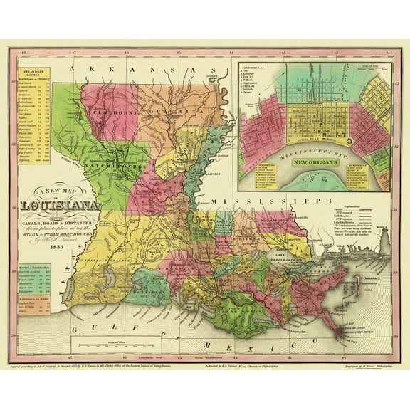 Historic State Map - Louisiana - Tanner 1833 - 28.5 x 23 - Vintage Wall Art