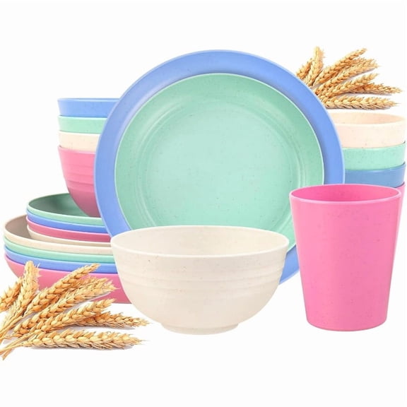 Wheat Straw Dinnerware Sets, Plastic Plates and Bowls Sets, Microwave Dishwasher Safe Dishes Set, Durable Party Tableware Kit for Gifts