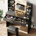 thumbnail image 3 of Vanity Desk with Lighted Mirror, Makeup Vanity Set with Power Outlet, Cushioned Stool, Vanity Table with 6 Storage Shelves, 2 Large Drawers and 3 Color Light Adjustable Brightness, Pink, 3 of 9