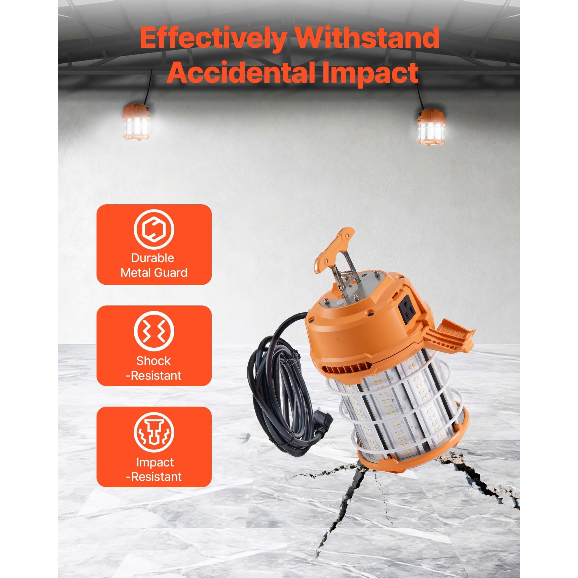 LED Temporary Work Light 100W 14400lm 360° Illumination Linkable with Metal Guard for Construction Site