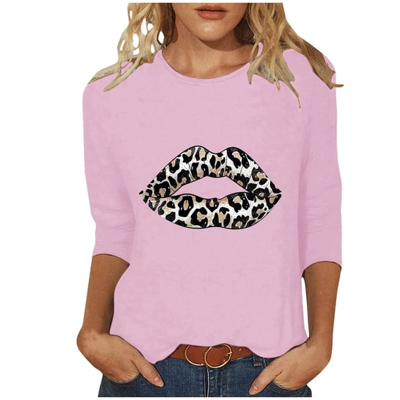 Lpmadey Leopard Print Tops for Women Y2k Funny Graphic 3/4 Sleeve Crewneck Summer T-Shirt Plus Size Tunic Tops