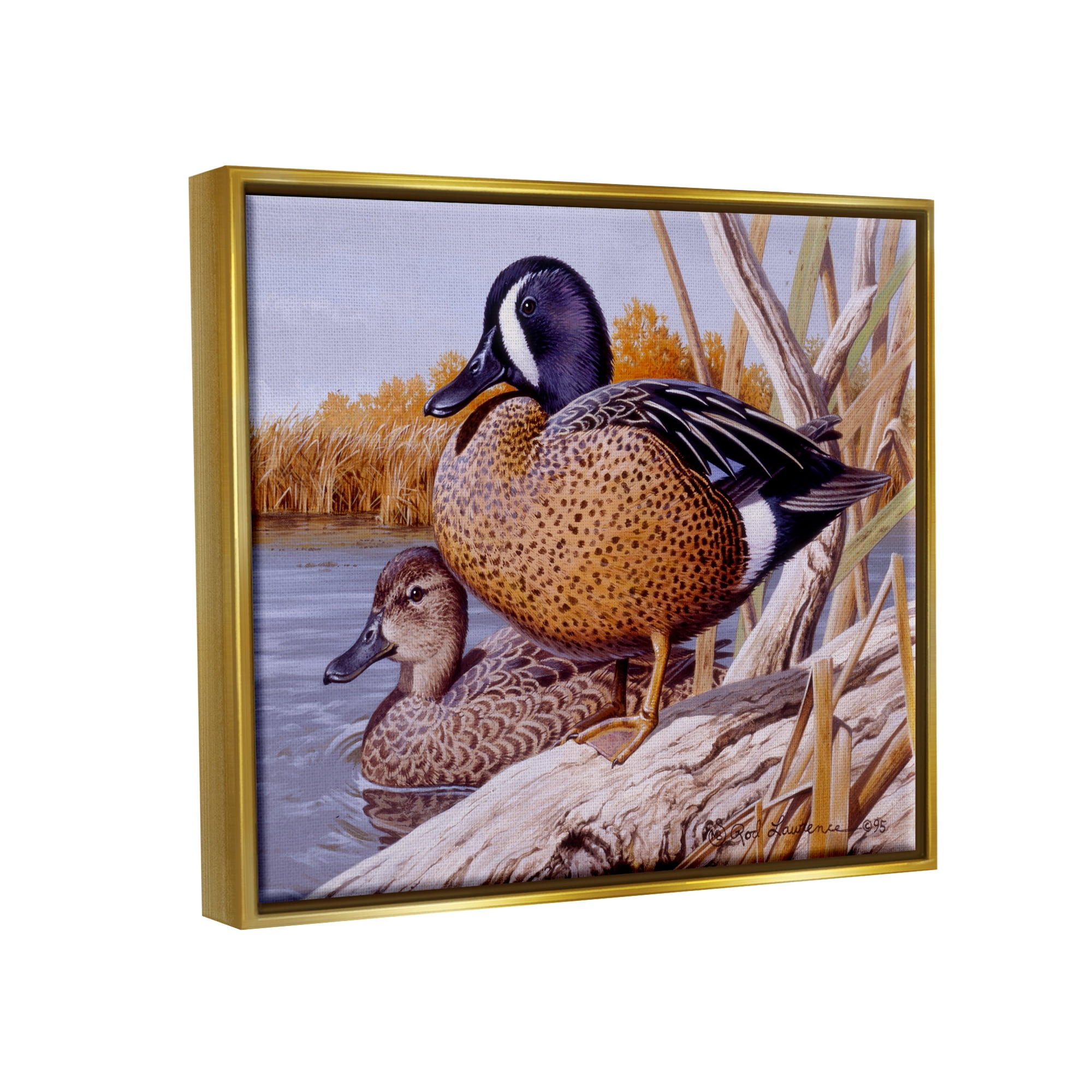 Stupell Industries Ducks at Pond's Edge Animals & Insects Painting Gold Floater Framed Canvas Art Print Wall Art, 21 x 17