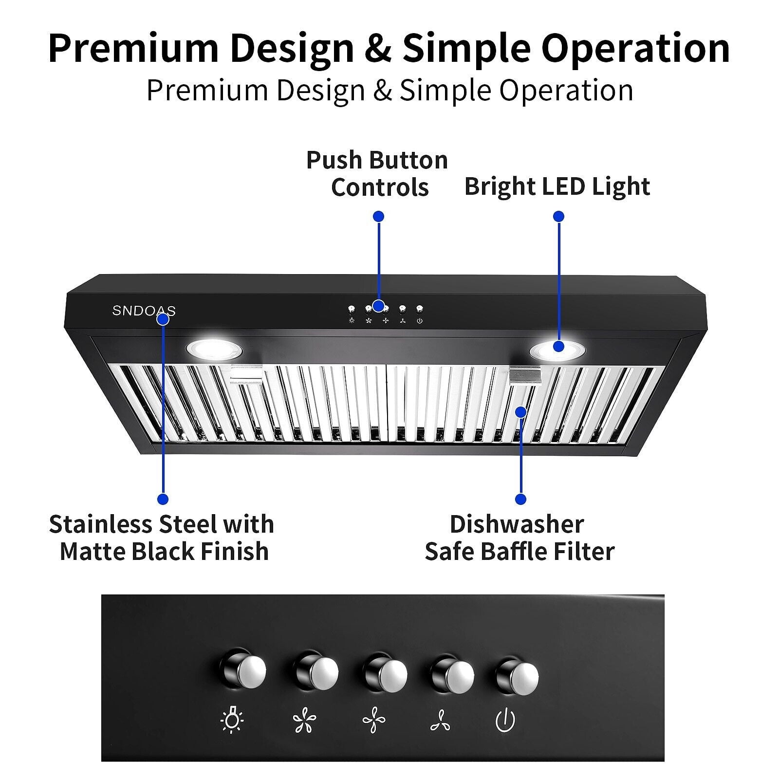 SNDOAS 600CFM 30 inch Kitchen Under Cabinet Range Hood Black Cook Fan with LED Light 120V