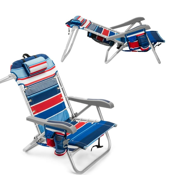 Beach Chair with Backpack Straps, 5 Adjustable Reclining Positions, Insulated Cooler, Towel Bar, Storage Pouch, Cup Holder, Durable Aluminum, Blue