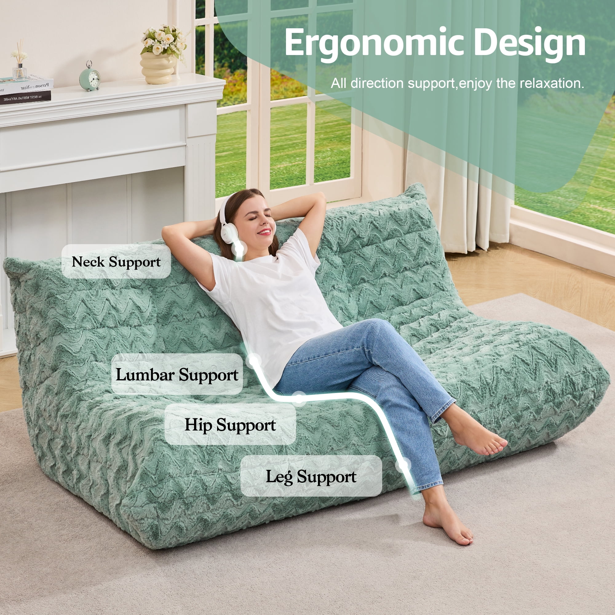 Bean Bag Chairs for Adults Giant Bean Bag Chair Memory Foam BeanBag Chair Bean Bag Sofa with Filler Faux Fur Fireside Beanbags Lazy Sofa for Living Room Bedroom Office (Green Chevron, 3-Seater)