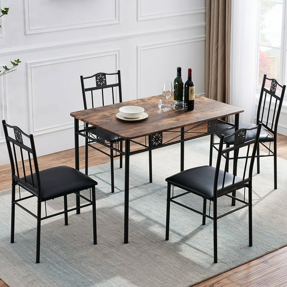 VECELO 5-Piece Dining Set, Wood & Metal Table and 4 Chairs for Kitchen Dining Room, Modern Dinette Furniture Set for 4, Rustic Brown