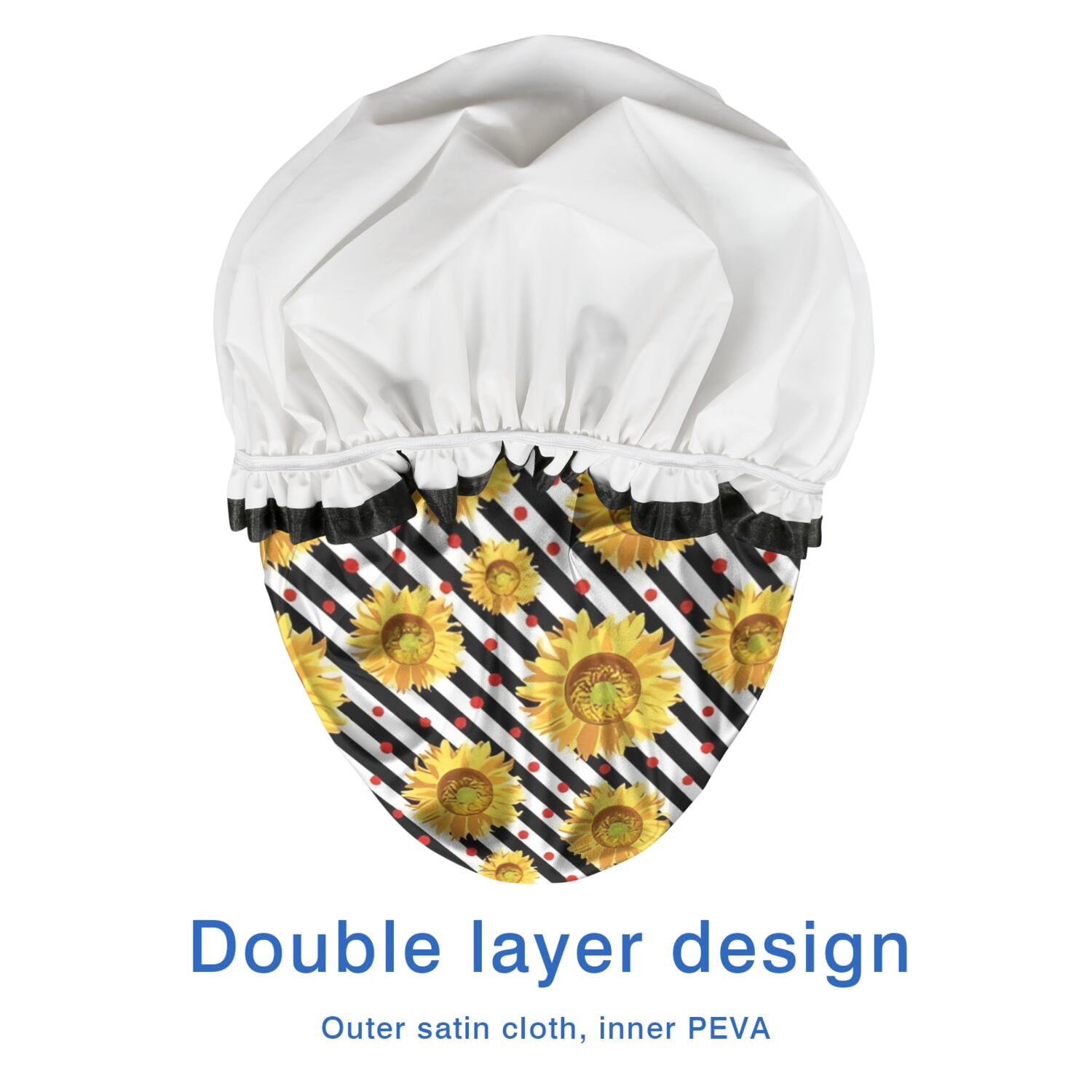 Shower Caps,Black White Stripe Sunflower Pattern Waterproof Shower Cap for Women 4 Pieces,Double Reusable Hair Cover for Shower PEVA Elastic Stretch Hem